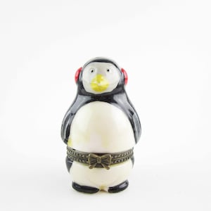 Painted Porcelain 'Penguin' Trinket Box - Figure Box - Vintage - Detailed Rims - Bow Opener - Surprise Fish Inside - Penguin Colors