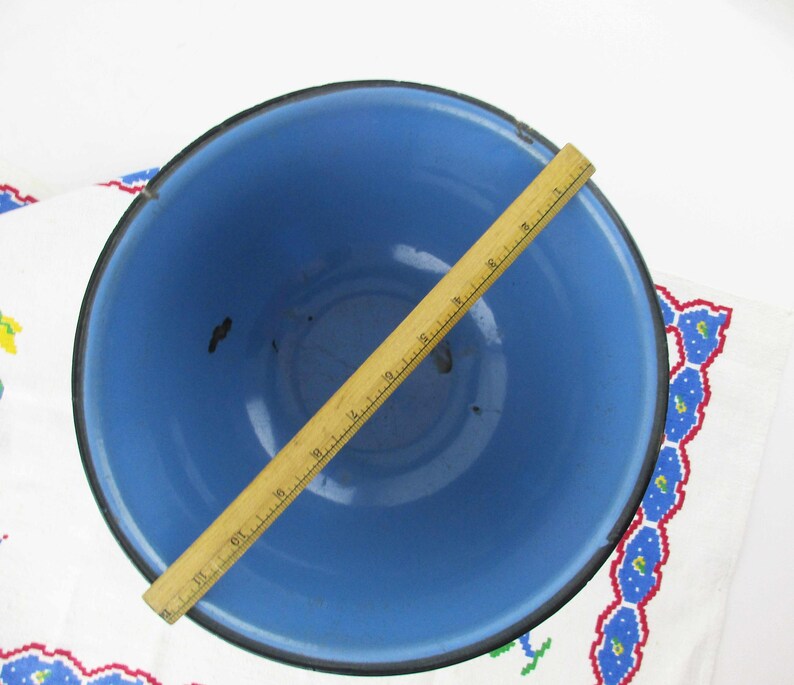 Farmhouse Chic Rustic Display Useful Heavily Enameled Red Three Enamel Bowls Vintage Enamelware Pieces Camp Yellow and Blue