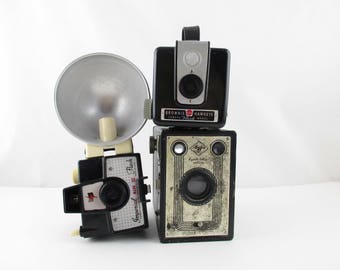 Instant Camera Collection - 3 Cameras - 'Agfa D-6 Shur-Shot Special' - 'Imperial Mark XII' With Flash - 'Kodak Brownie Hawkeye' - Stack 'em