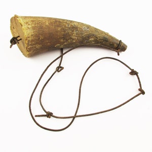 Powder Horn - Antique for a Hunter or Historian - Powderhorn Made From a Longhorn Steer - Wood End and Plug - Rawhide Strap - Twisted Horn