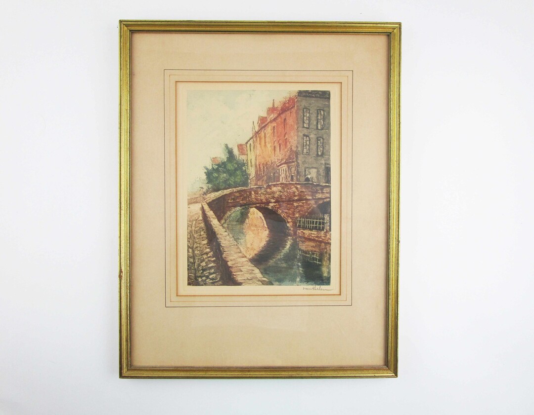French Etching by Van Balen Limited Edition Handcolored Pencil Signature Goldpainted Frame