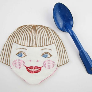 A Sweet Combination for Display in a Kitchen, Nook or Pantry - Hand-Stitched Pot Holder With White Speckle Blue Enamel Spoon