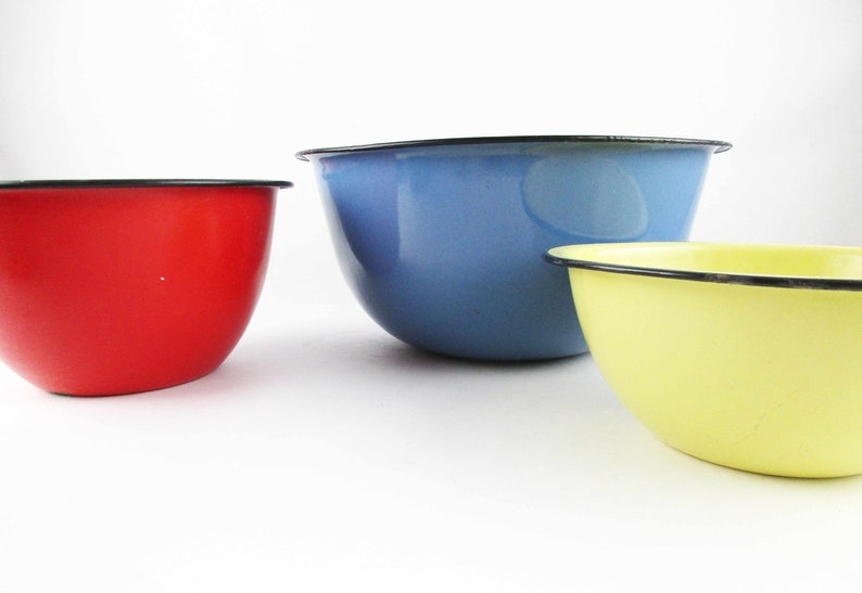 Farmhouse Chic Rustic Display Useful Heavily Enameled Red Three Enamel Bowls Vintage Enamelware Pieces Camp Yellow and Blue