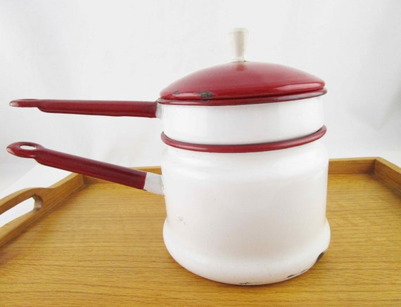 Vintage White & Red Enamel Cooking Pans Set of 3 Camping Rustic Pans