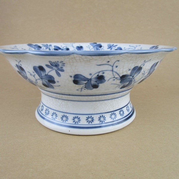 Vintage Heavy Stoneware Bowl - Deep Blue Flowers and Stems - Ruffled Edge - Footed Bowl - Decorated Inside and Outside