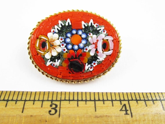 Vintage Jewelry - Micromosaic Brooch - Deep Red R… - image 4