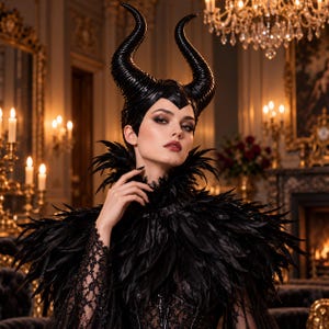 May include: A black headpiece featuring two large, curved, textured horns and a pointed forehead detail, paired with a voluminous black feather collar and a black lace long-sleeved garment with intricate patterns and a high neckline.