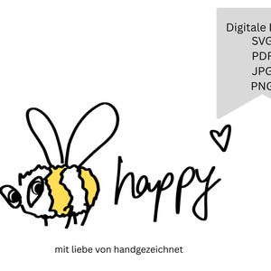 Puede incluir: Un gráfico digital que muestra una abeja dibujada a mano con contornos negros y rayas amarillas, la palabra happy en letra cursiva, un pequeño corazón y una pancarta gris con el texto Digitale Datei SVG PDF JPG PNG.