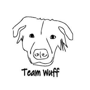Könnte beinhalten: Eine schwarz-weiße Strichzeichnung eines Hundekopfes mit Schlappohren und einer Schnauze mit Nasendetail. Unter der Hundeillustration steht der Text Team Wuff in einer einfachen, fetten, schwarzen serifenlosen Schrift auf weißem Grund.