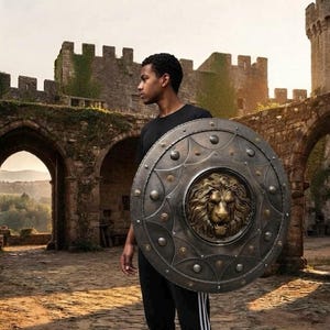 May include: A circular metal shield featuring a prominent three-dimensional brass-colored lion head relief at the center, surrounded by a dark grey finish with decorative rivets and a scalloped border pattern along the outer edge of the shield.