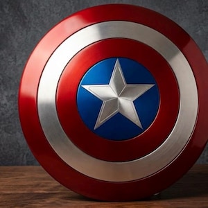 May include: A circular shield featuring a concentric design with a metallic red outer ring, a silver middle ring, and a blue center circle. A large, five-pointed silver star is centered within the blue circle, creating a bold, symmetrical appearance.