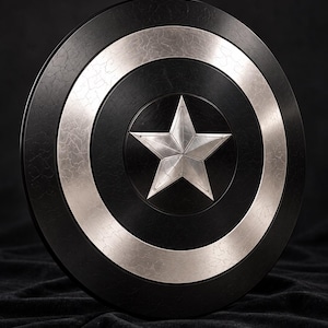 May include: A circular shield featuring a central silver star surrounded by alternating black and silver rings. The silver ring displays a distinct cracked, weathered texture, while the black sections have a smooth, matte finish throughout the design.