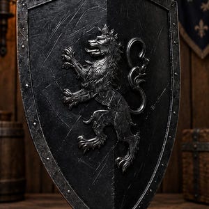 Może przedstawiać: Czarna tarcza herbowa z wypukłym, metalicznym, srebrzystym emblemem lwa wspiętego pośrodku. Tarcza posiada zniszczoną, porysowaną fakturę powierzchni oraz wzmocnioną krawędź z widocznymi nitami wzdłuż całego zewnętrznego obwodu.