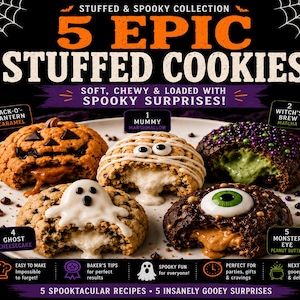 May include: A collection of five stuffed cookies on a plate, featuring a caramel Jack-o'-lantern, marshmallow mummy, matcha witch's brew, cheesecake ghost, and peanut butter monster eye. Text reads: 5 EPIC STUFFED COOKIES, STUFFED & SPOOKY COLLECTION.