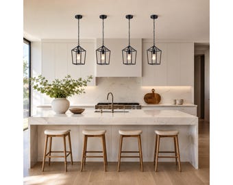 Black Kitchen Island Pendant Lights, 2 Pack Modern Farmhouse Metal Lantern Ceiling Fixtures for Dining Room and Entryway