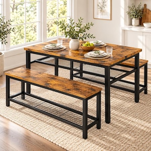 May include: A rectangular dining table and two matching benches featuring rustic brown wood-grain surfaces and black metal frames. Each piece includes a lower wire mesh storage shelf. The table is set with white plates, glasses, and a bowl of green apples.