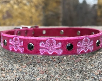 Leather Dog Collar Pink With Skulls and Black Rhinestones for