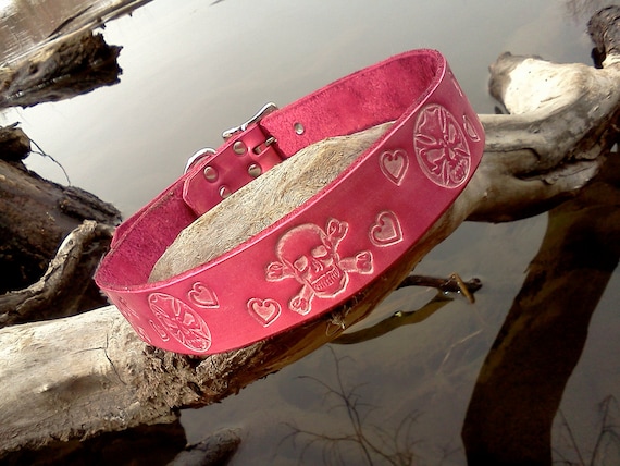 Leather Dog Collar: Pink Skulls and Hearts Embossed 1