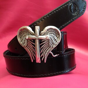 Rhinestone Cross & Angel Wing Genuine Leather Belt - Black with Gold Cross BLING CROSS WESTERN RHINESTONE MOTORCYCLE BLACK GENUINE  main image 3