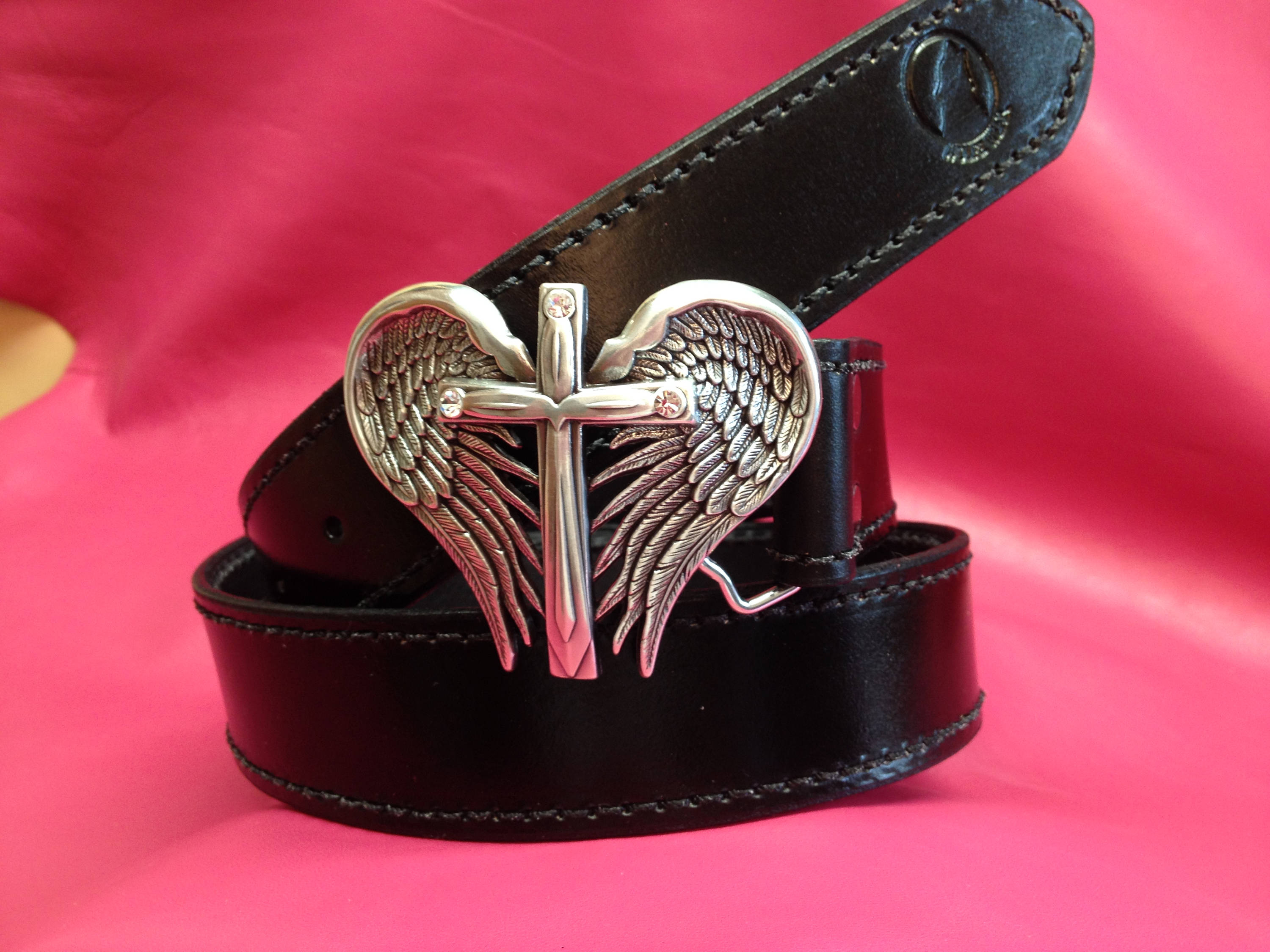 Leather Belt Angel Wings and Cross With Rhinestones 