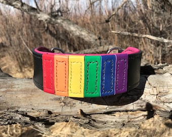 Collare per cani in pelle - Pride, collare martingala in pelle personalizzato color arcobaleno da 2" fatto a mano