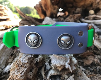 Collare per cani Biothane - piccolo alieno in verde e grigio con hardware testa aliena