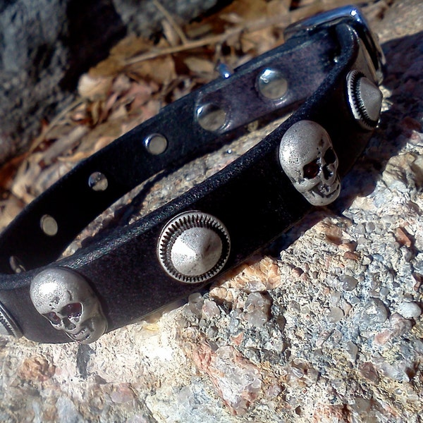 Leather dog collar 1/2" skulls and spikes for lil' tikes in black