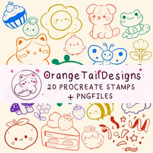 May include: A collection of digital line art stamps featuring cute characters like a cat, frog, puppy, butterfly, bee, and chick, alongside food items like cake and fruit. The text reads OrangeTailDesigns 20 PROCREATE STAMPS + PNGFILES.