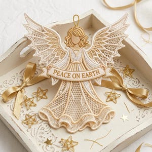 Può includere: Un ornamento a forma di angelo ricamato in crema e oro con ali e abito in pizzo intricato. L'angelo tiene uno stendardo con il testo PEACE ON EARTH. Il design include un piccolo occhiello per appenderlo e nastri dorati decorativi.
