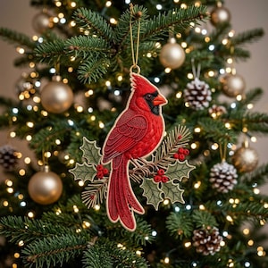 May include: A hanging Christmas ornament featuring a vibrant red cardinal bird perched on a branch with green holly leaves and small red berries. The bird has detailed embroidery-like textures and a black face mask, suspended by a thin gold cord.