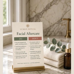 May include: A rectangular off-white facial aftercare card held in a gold metal stand. The card features the text Lumen Ritual, Facial Aftercare, and lists specific do and don't instructions for skin care, ending with the phrase Your skin. Our ritual. Lasting radiance.