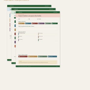 May include: A stack of three Trigger Diary pages with a cream background and dark green headers. The top page features a pink banner with the text Name it before you guess the bottle, followed by sections for date, time, and various check-box categories.