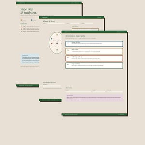May include: A digital document titled Lumen Ritual featuring a face map, a 7-day protocol, and a 14-day log. The pages include instructions for patch testing, zone notes, and tracking product changes with a beige background and dark green headers.
