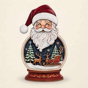 Può includere: Un ornamento decorativo in legno con una testa di Babbo Natale a strati che indossa un cappello rosso con bordo bianco sopra una scena circolare con una slitta rossa, renne marroni e pini verdi su uno sfondo blu scuro con fiocchi di neve.