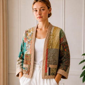 May include: A quilted jacket featuring a patchwork design with various floral and geometric patterns in shades of green, red, yellow, and blue. The jacket has a solid tan trim along the open front, collar, and cuffs, with two front pockets.