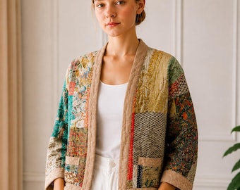 Handgefertigte Kantha-Patchwork-Jacke, gesteppter Boho-Stil, Oversized-Passform