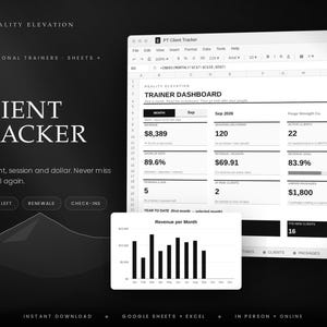 May include: A digital PT Client Tracker spreadsheet interface for Google Sheets and Excel, featuring a black and white dashboard with metrics like revenue, active clients, and session counts, plus a bar chart showing monthly revenue trends.