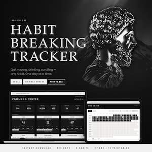Op de afbeelding: Een digitale gewoonte-tracker genaamd Imperium Habit Breaking Tracker, met een zwart-wit buste van een Romeins figuur. De interface toont een commandocentrum en een ketting-tracker voor gewoontes, met knoppen voor Excel, Google Sheets en printbare bestanden.