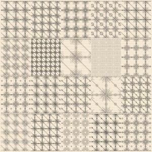 Pode incluir: Uma coleção de vinte padrões digitais quadrados dispostos em uma grade, apresentando designs geométricos intrincados em linhas marrom-escuras sobre um fundo bege claro. Os padrões incluem várias formas de estrelas, grades e linhas.