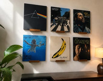 May include: Six vinyl record covers displayed on small wooden wall mounts. The albums include Pink Floyd's The Dark Side of the Moon, The Beatles' Abbey Road, Marvin Gaye's What's Going On, Nirvana's Nevermind, The Velvet Underground & Nico, and The Doors.