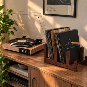 Könnte beinhalten: Ein Plattenspieler aus hellem Holz mit einer transparenten Kunststoffabdeckung steht neben einem dunkelbraunen Schallplattenständer aus Holz, der mehrere Schallplatten enthält, darunter eine mit schwarzem Cover und weißem Prisma-Motiv.