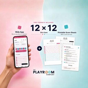 May include: A 12x12 dice game set featuring a web app interface displayed on a smartphone and printable score sheets. The digital interface shows game controls and dice icons, while the paper sheets include score grids and quick rules text.