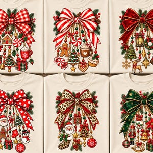 Può includere: Sei magliette color crema, ognuna caratterizzata da una grande e dettagliata grafica a tema natalizio. I disegni mostrano vari elementi festivi come fiocchi, figure di pan di zenzero, ornamenti, calze e decorazioni natalizie appese.