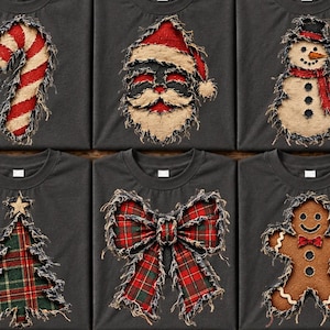 Puede incluir: Una colección de seis camisetas gris oscuro, cada una con un aplique de tela de bordes deshilachados. Los diseños incluyen un bastón de caramelo rojo y blanco, una cara de Santa Claus, un muñeco de nieve, un árbol de Navidad, un lazo y un hombre de jengibre.