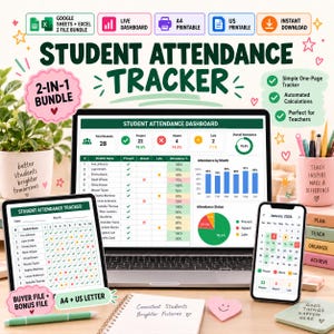 May include: A digital student attendance tracker displayed on a laptop, tablet, and smartphone. The screen shows a dashboard with student names, attendance percentages, bar charts, and pie graphs. Includes a printable tracker, calendar, and icons.