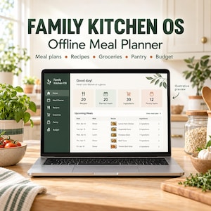 May include: A laptop displaying the Family Kitchen OS Offline Meal Planner interface. The screen shows a dashboard with sections for recipes, planned meals, groceries, pantry, and budget, alongside a list of upcoming meals with dates and ingredients.