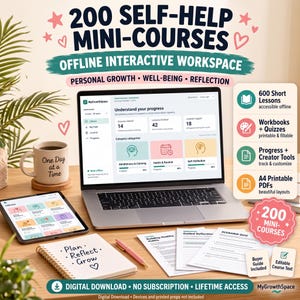 Könnte beinhalten: Ein digitales Produktset mit 200 Selbsthilfe-Minikursen und einem interaktiven Offline-Arbeitsbereich. Enthält einen Laptop, ein Tablet mit Fortschrittsanzeigen, eine Tasse mit One Day at a Time, ein Notizbuch mit Plan Reflect Grow und Arbeitsblätter.