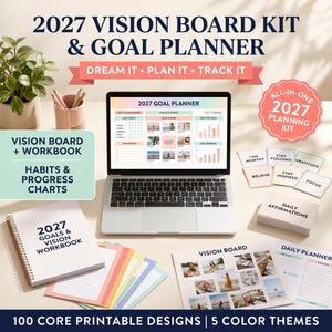 Visionstavla och målplanerare för 2027 | Utskrivbar arbetsbok | Offline-instrumentpanel | Redigerbara filer i Canva | Offline HTML-planerare
