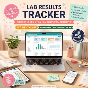 Könnte beinhalten: Ein digitaler Laborergebnis-Tracker auf einem Laptop, Tablet und Smartphone. Die Benutzeroberfläche zeigt Gesundheits-Dashboards, Diagramme und Bluttestdaten. Text beinhaltet LAB RESULTS TRACKER, ALL-IN-ONE LAB ORGANIZER, 100% PRIVATE.