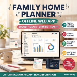 Familien-Haushaltsplaner | Interaktiver HTML-Haushaltsplaner | Budget, Speiseplan, Aufgaben | Offline-Download, kein Abo erforderlich